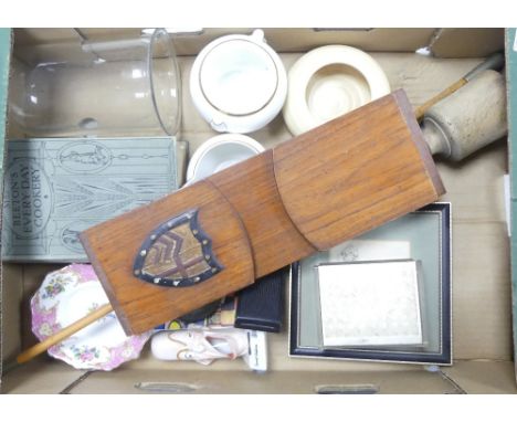 A  mixed collection of items to include cookery book, glass dome, Wedgwood milk jug and sugar bowl, pin dish, etc (1 tray) 