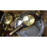 A mixed collection of metal ware to include serving tray, brass kettle, pair of brass