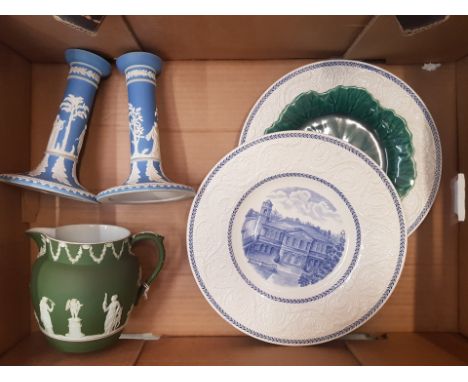 Wedgwood sage green dip jug, together with a pair of blue dip candlestick holders and decorative Wedgwood wall plates (1 tray