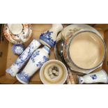 A mixed collection of items to include vases, plated, salad serving bowl with serving fork and