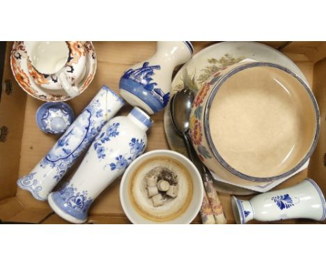 A mixed collection of items to include vases, plated, salad serving bowl with serving fork and spoon, milk jug, sugar bowl. e