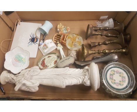 A mixed collection of items to include large resin oriental figure, brass candle stick holders, paperweights etc (1 tray). 