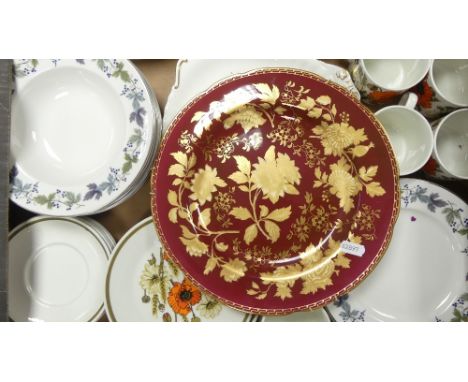 A mixed collection of items to include Wedgwood ruby tonquin plate, Royal Albert cake plates, Royal Doulton Burgundy bowls an