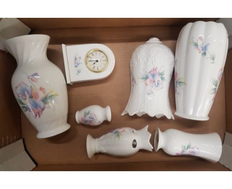 A collection of Aynsley 'Little Sweethearts' pattern items to include a mantle clock, vases, wall pocket etc (1 tray). 