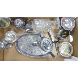 A collection of metal ware and silver plated items to include teapot, tray, condiment pot, footed
