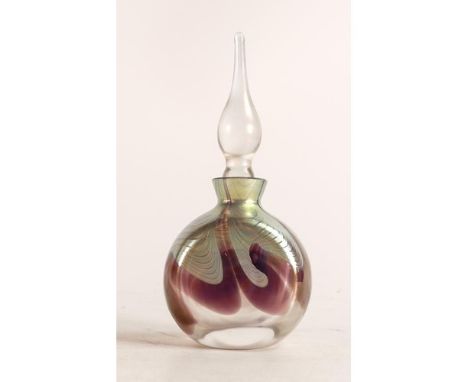 Okra glass scent bottle, iridescent green hue, height 13.5cm together with Two Silver Topped Cut Glass Crystal Perfume Bottle
