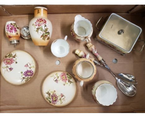 Carlton Blush ware large sifter with Chrysanthemum decoration together with matching smaller sifter, small bowl, cup &amp; sa