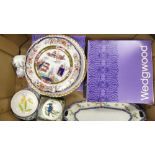 A mixed collection of items to include three Wedgwood decorative wall plates, Masons oriental jug