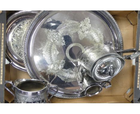 A collection of metal ware items to include serving tray, tea service set, etc (1 tray) 