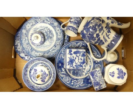 A collection of Blue &amp; White tea and dinner ware to include Chirchill coffee pot and bowls, Liberty blue plates , lidded 