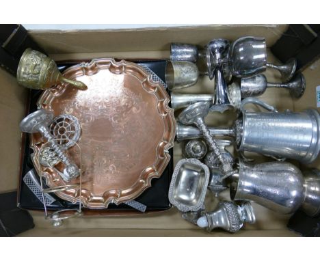 A collection of metal ware to include tankards, goblets, bells, candlestick, trays, condiment pots etc ( 1 tray) 
