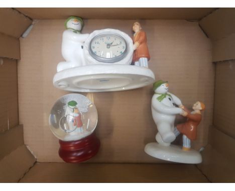 Coalport Characters The Snowman mantle clock together with The Hug snow globe and Dancing at the Party figure (3). 