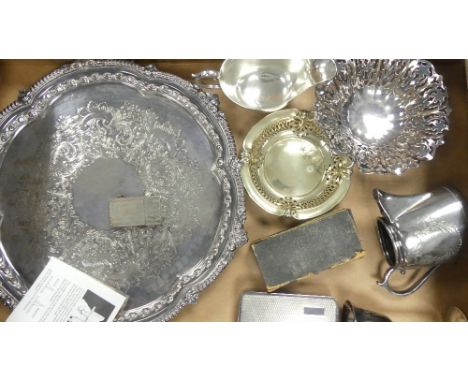 A collection of metalware and silver plated items to include goblets, tray, jug, lighter, etc (1 tray) 