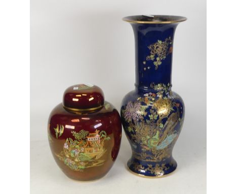Two Carltonware Items to include Rouge Royale Mikado Pattern Ginger Jar together with Exotic Birds Baluster Vase. Height of t