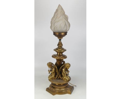 Early 20th Century Brass Lamp with Art Deco Frosted Glass Shade. Base formed of Cherubs with Instruments. Height: 55cm 