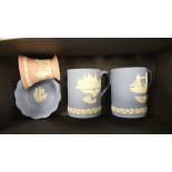 Two Wedgwood jasperware tankards, two scalloped dishes and small flared vase