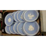 A collection of Wedgwood jasperware Christmas plates from the 1970's and 80's ( 1 tray)
