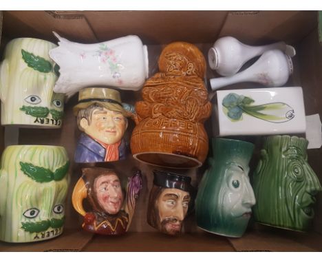 A mixed collection of ceramic items to include novelty celery pots by Arthur Woods and P&amp;K, Oldcourt character jugs etc (