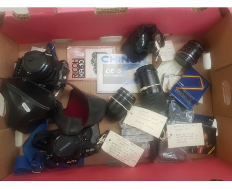 A collection of camera and photographic equipment to include a Ricoh KR-10 SLR camera and a Chinon CE-5 SLR camera together w