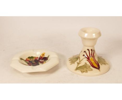 Moorcroft Orchid ashtray together with Columbine candlestick. 1 boxed. Height of candlestick 9cm 
