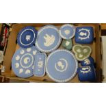 A collection of Wedgwood jasperware to include heart shaped teal lidded box, dipped blue lidded