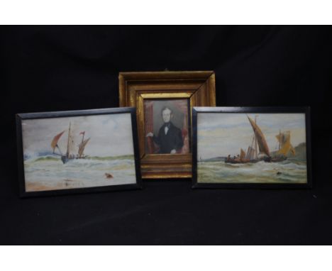 Two 19th Century framed and glazed miniature oil paintings depicting seascapes with men in fishing boats under sail, possibly