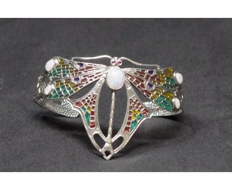 A silver and enamel cuff bangle in the form of a butterfly.