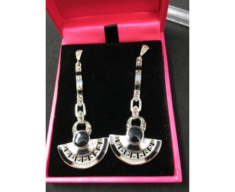 A pair of Art Deco style silver, marcasite, onyx and opal drop earrings.