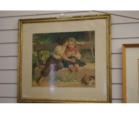 E. MUNIER 1886, print of a young girl and boy on a stone bench with fruit, in original gilt frame and glazed.