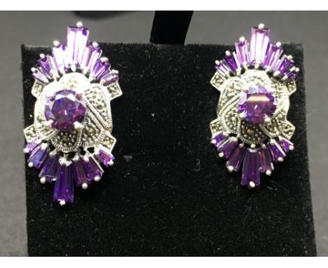 A pair of Art Deco style silver, marcasite and amethyst earrings.