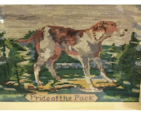 Two framed embroideries a Vixen on the Alert Pride of the pack  a copy of a George III poster and two framed oil painting lan
