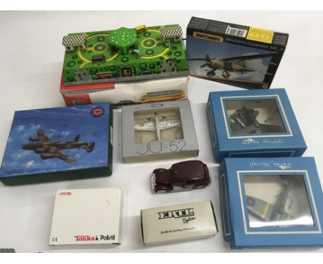 A boxed ABTOTPACCA Russian clockwork car set, a boxed ERTL taxi and a collection of boxed planes including Shabaka, Matchbox,