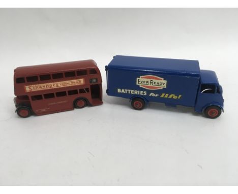 An unboxed repainted Dinky toys Ever Ready Guy lorry together with an unboxed repainted Double Decker bus No 290 and a boxed 