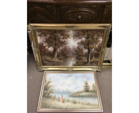 A large, gilt framed landscape oil painting signed Capieri with another signed Hancock.77x104cm and 57x82.5 cm respectively p