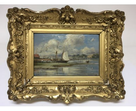 A small, gilt framed oil on panel of a moored ship, possibly late Victorian, indistinct painter's monogram.Approx 24x30cm
