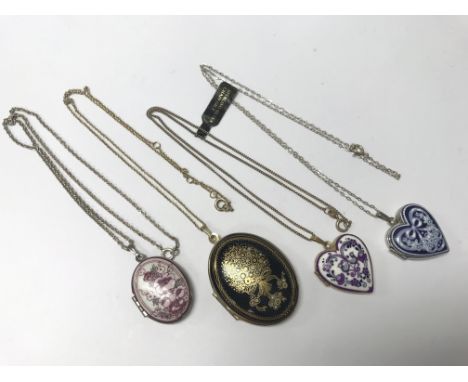 A collection of 4 Michaela Frey Austrian enamel lockets with chains (some silver).