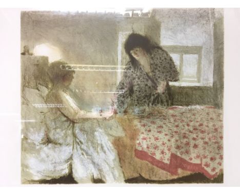 A framed and signed limited edition Bernard Dunston print of a lady bringing tea to another in bed, number 137/240. Frame mea