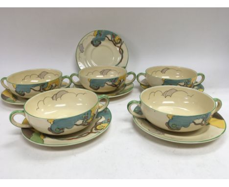 Clarice cliff Wilkinson , five twin handled bowls and six saucers decorated with foliage ( no restoration minor paint loss an