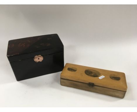 Black lacquered early 20th century tea caddy and mauchlin ware box.