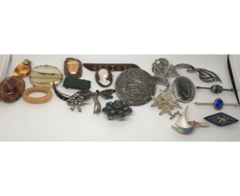 A reconstituted amber pendant and various brooches including an enamel butterfly and hardstone examples