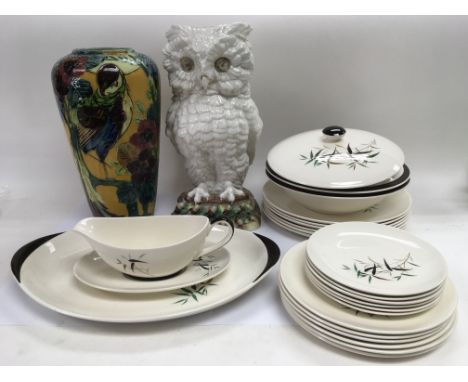 A Royal Doulton dinner service in Bamboo pattern, a Wedgwood Alexandria tea service, ceramic owl and a vase.