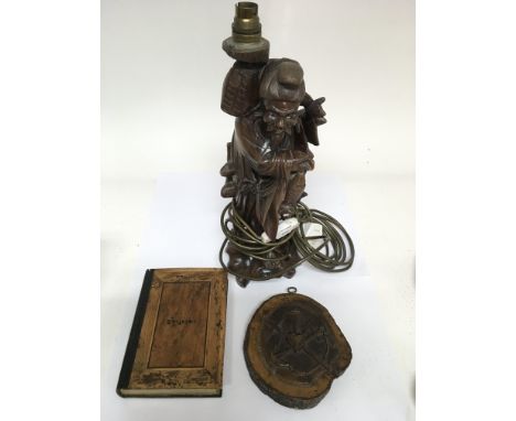 A Chinese root carved figure converted to a lampbase, a Masonic carved wood plaque and yew wood box