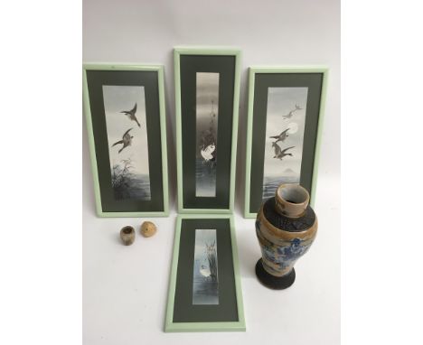 Four framed Chinese watercolours of birds bearing artist stamp, a Chinese vase, netsuke and pottery pot