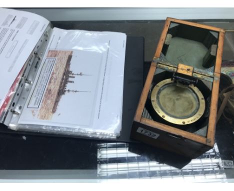 Vintage naval military brass compass in box a/f and paperwork and letters to sailor on HMS formidable.