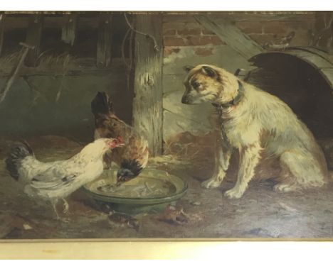 A framed late 19th Century Print a barn interior scene with dogs and chickens.