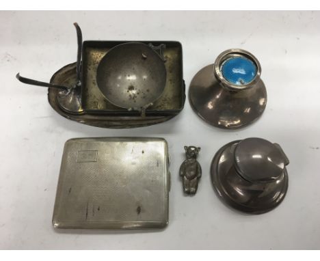 A silver cigarette case, Birmingham hallmarks plus some scrap silver including a silver inkwell with enamel lid a/f.