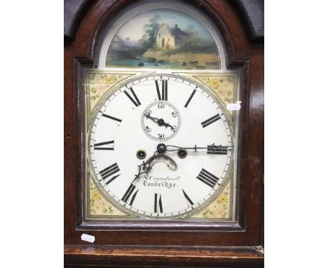 An oak long case clock with Roman numerals and subsidiary dials presenting Arabic numerals. Maker S Crundwell, Tonbridge. Dec