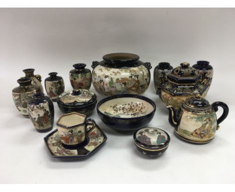 A collection of Satsuma items including miniature vases, small teapot, cup and saucer and other items.