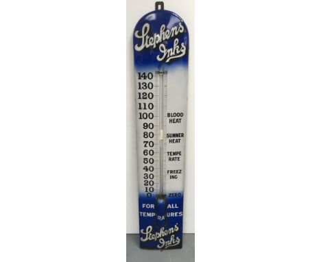 A rare, Stephens Inks blue and white enamel thermometer, floorstanding size approx 155cm highx31cm wide