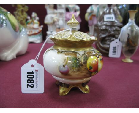 A Royal Worcester Porcelain Pot Pourri Bowl and Pierced Cover, of lobed globular footed form, painted with ripening fruit on 